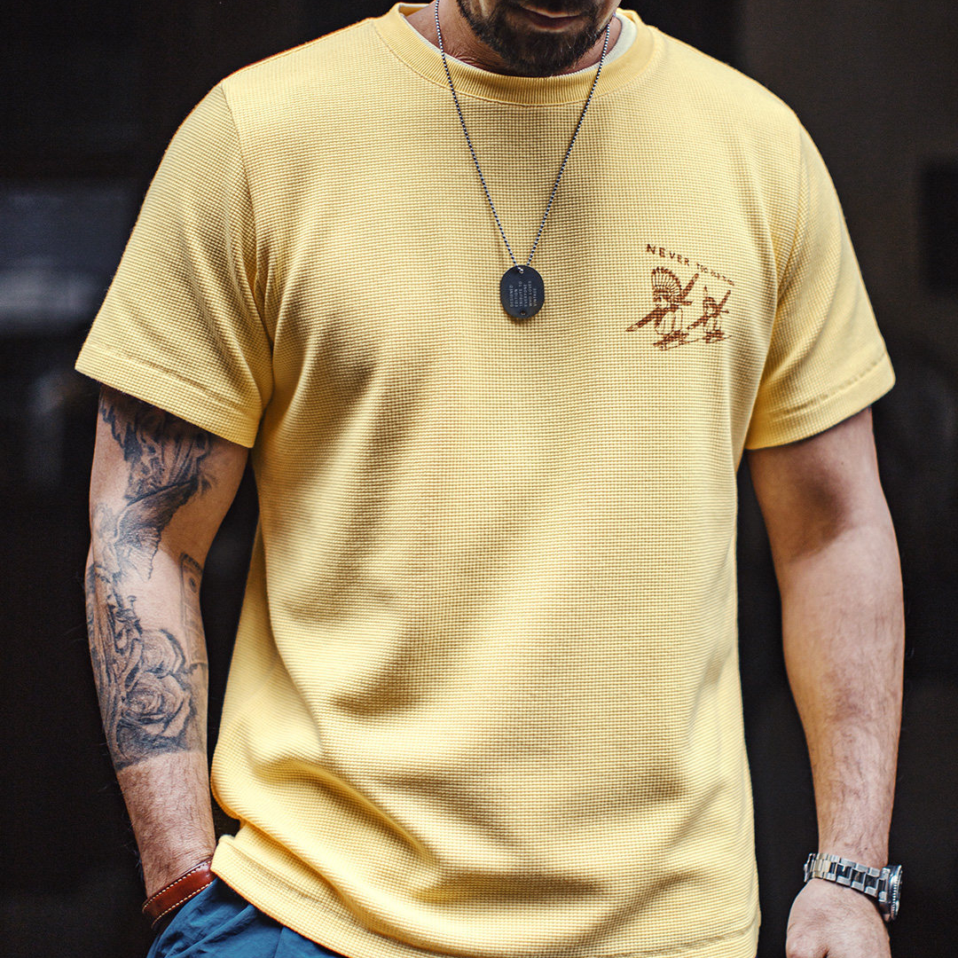 美式復古華夫格圓領短袖T恤阿美咔嘰印第安印花上衣男夏