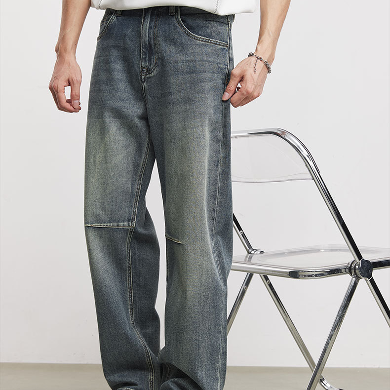 做舊水洗割破牛仔褲男夏季美式復古漸變垂感寬鬆直筒闊腿褲