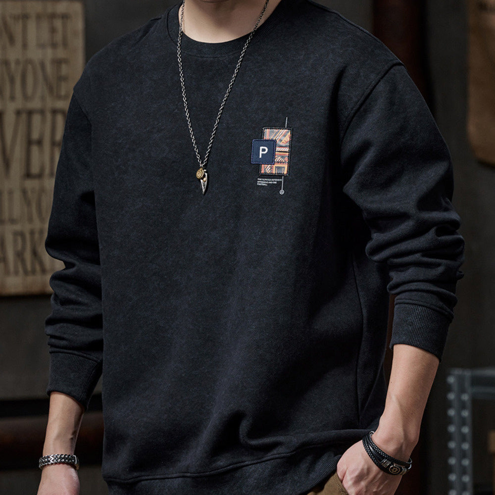 美式復古紮染圓領衛衣男士名民族風刺繡上衣秋冬季寬松加絨外套男