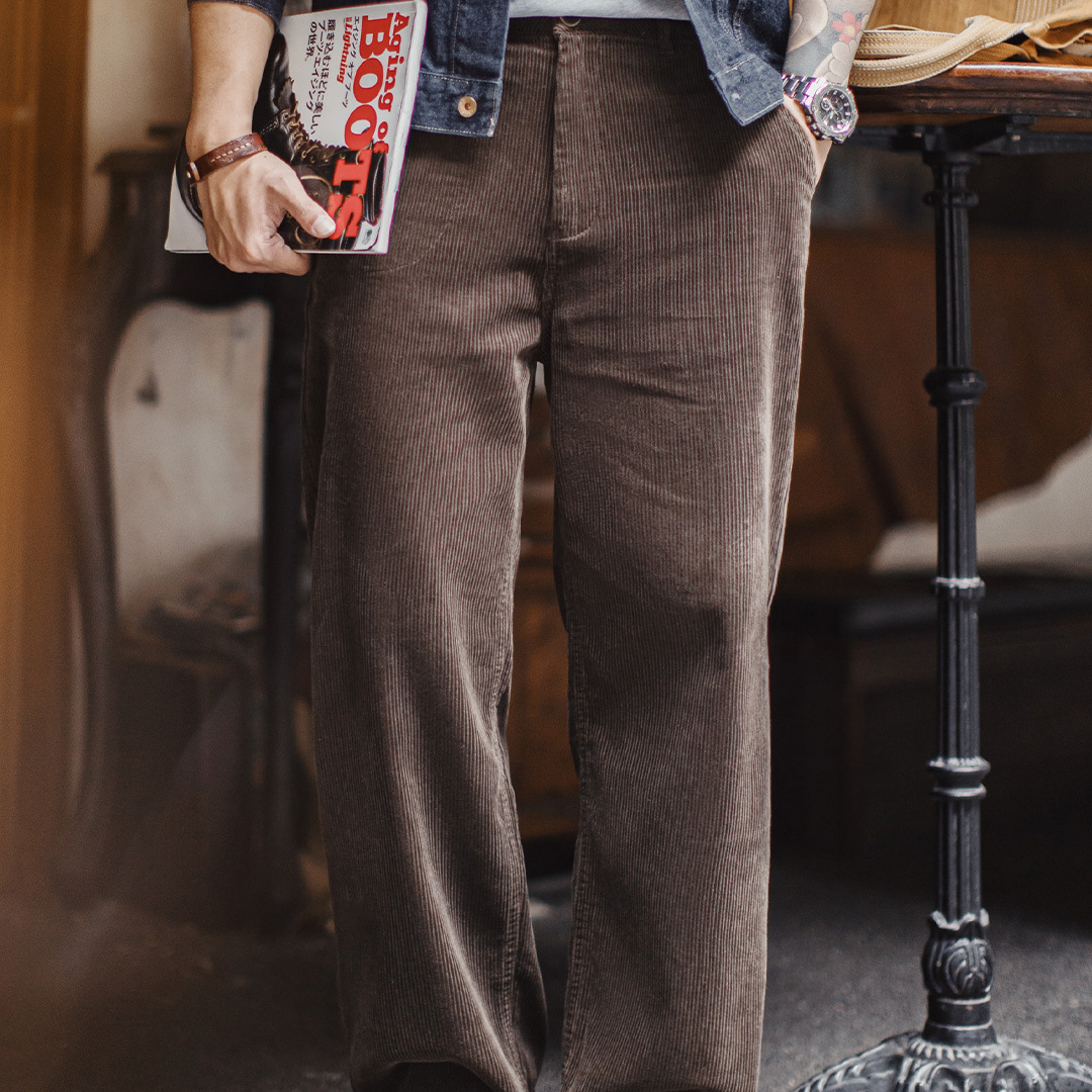 美式復古燈芯絨休閒褲咖色加厚直筒垂感闊腿長褲子男秋冬