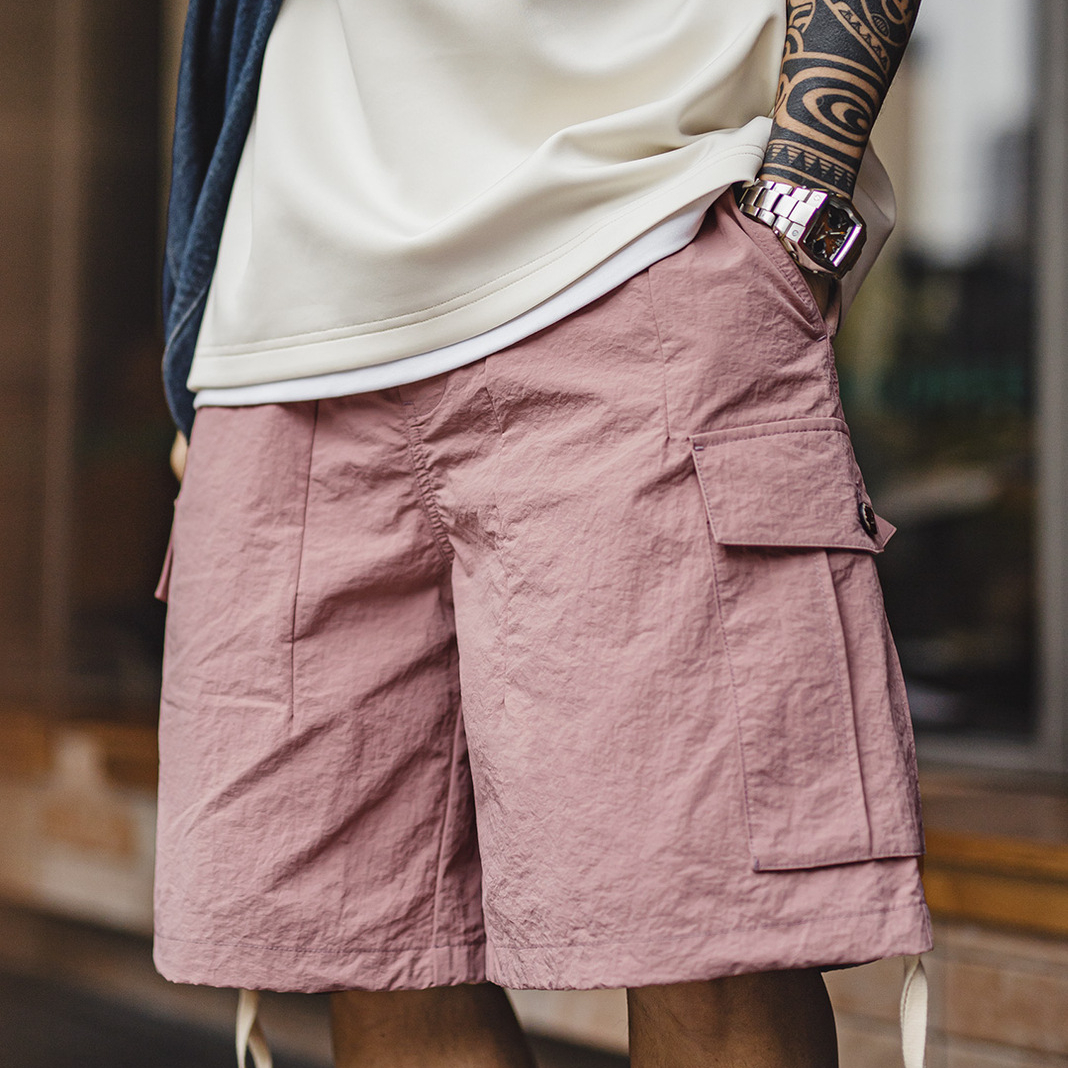 山系速幹短褲美式大口袋梭織寬鬆直筒粉色薄款短褲男夏季