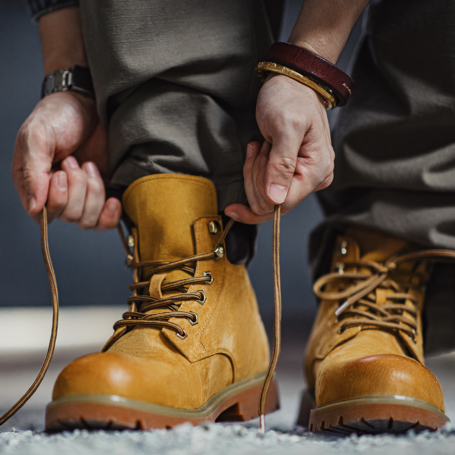 無界翻轉大黃靴男秋冬新款翻蓋中幫真皮復古美式工裝馬丁靴子