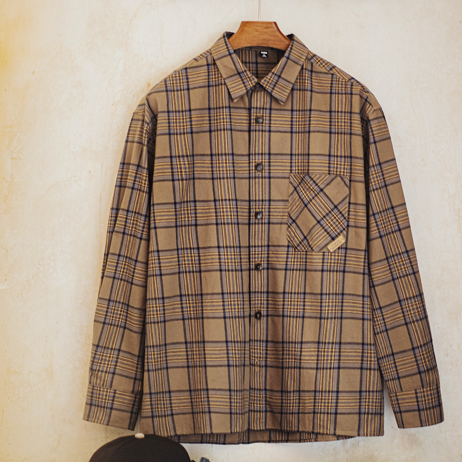 美式復古格子襯衫薄款長袖純棉外套式棕色格紋襯衣男夏秋