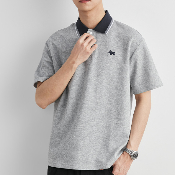 撞色領小狗刺繡Polo衫男夏季翻領寬鬆落肩短袖休閒通勤T恤