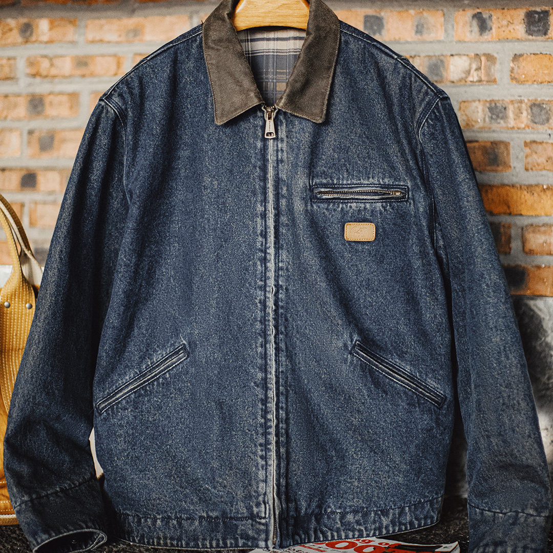 美式復古牛仔底特律夾克水洗做舊短款休閒翻領外套男款春