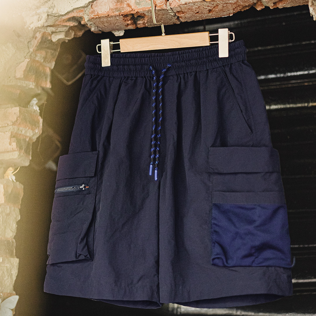 美式多口袋短褲速幹機能藏青色戶外輕薄款抽繩五分褲男夏