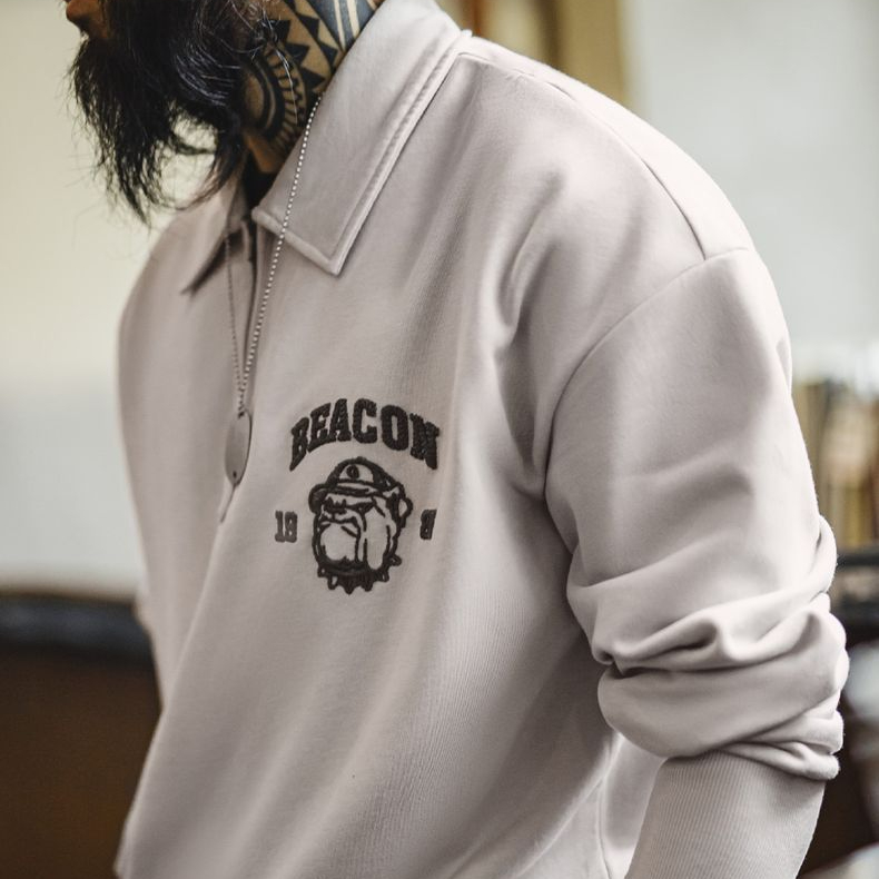 美式復古立體刺繡半開襟衛衣休閒翻領套頭polo衫上衣男春