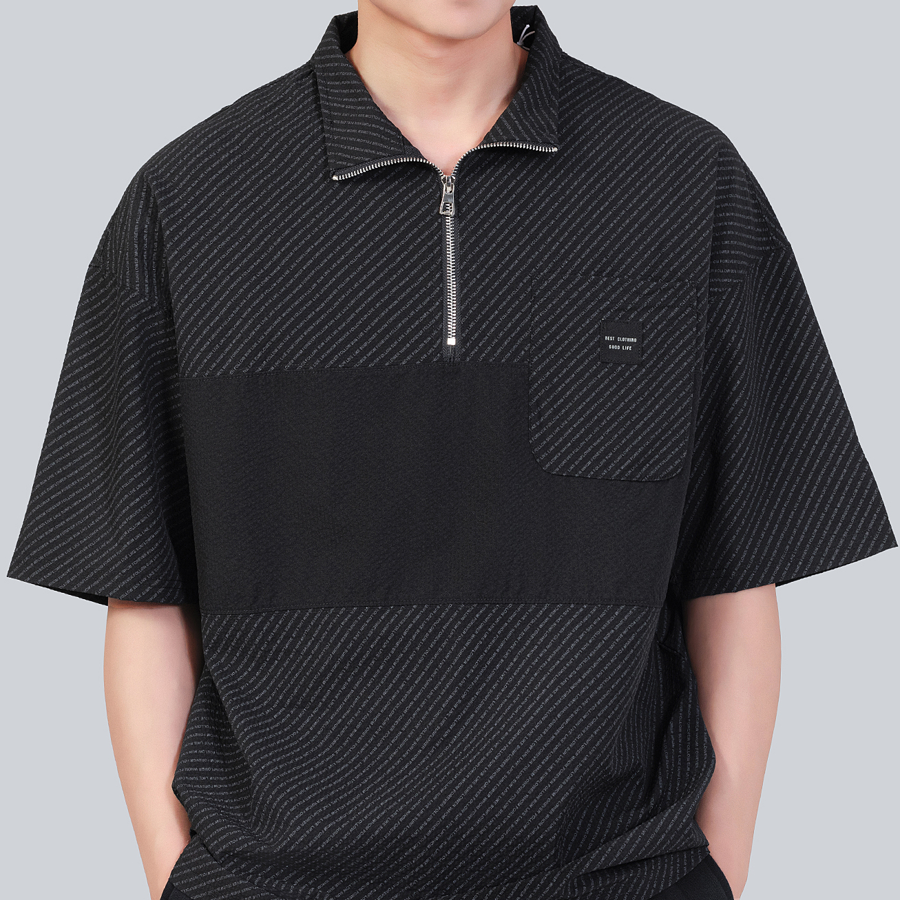 美式設計感拼接半拉鍊短袖polo衫T恤男夏季薄款透氣保羅衫