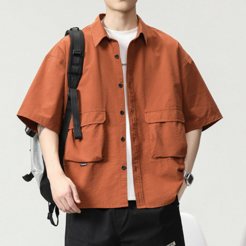 高級感短袖襯衫男夏季新款輕奢潮牌美式工裝寸襯衣男寬松半袖