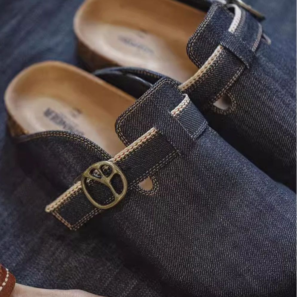 2025夏季新款穆勒鞋男休閒軟木半托透氣牛仔百搭外穿包頭拖鞋