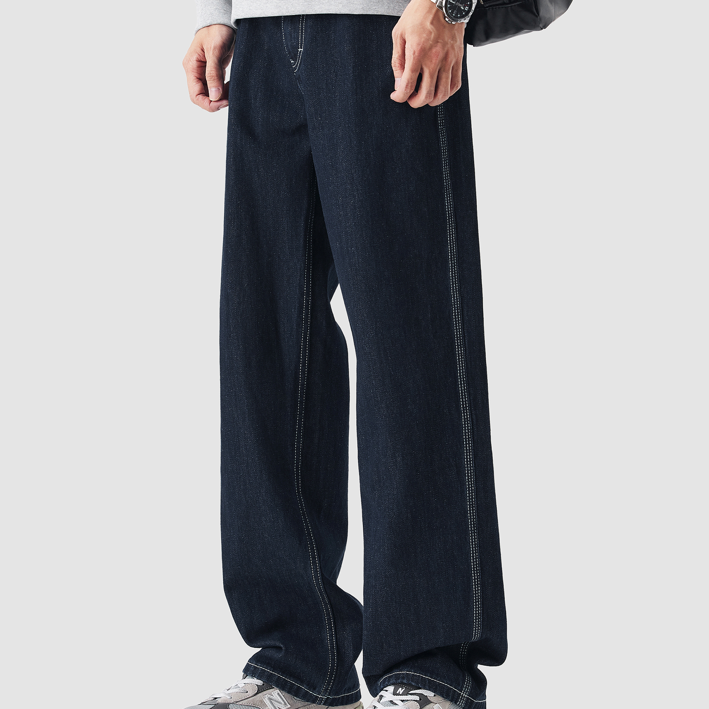 春秋新款原色闊腿牛仔褲男直筒寬鬆賽絡紡水洗復古休閒褲