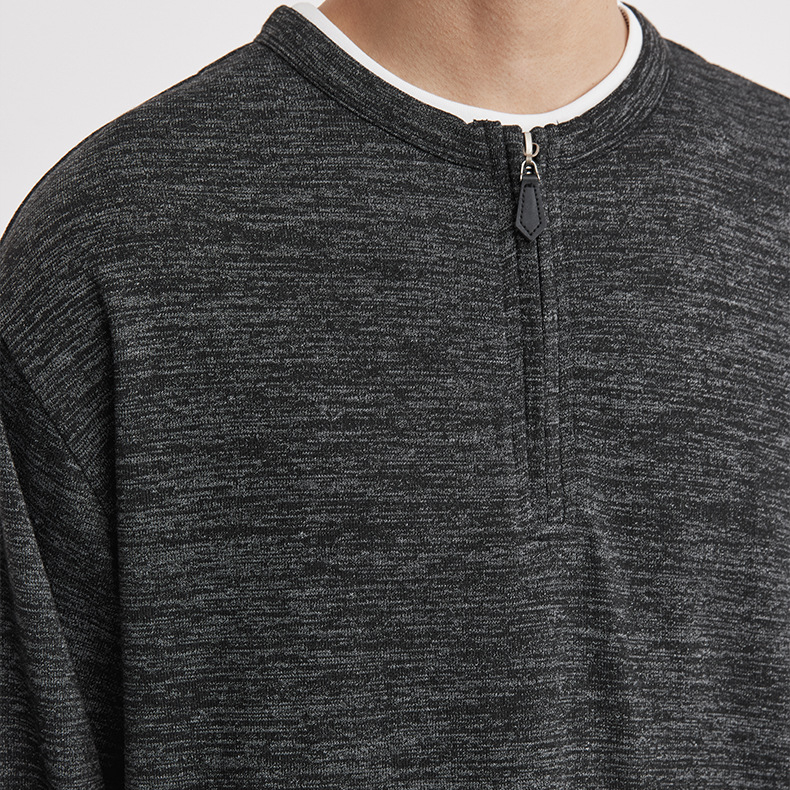 重磅260g半拉鍊假兩件圓領T恤男春季麻灰肌理親膚休閒長袖