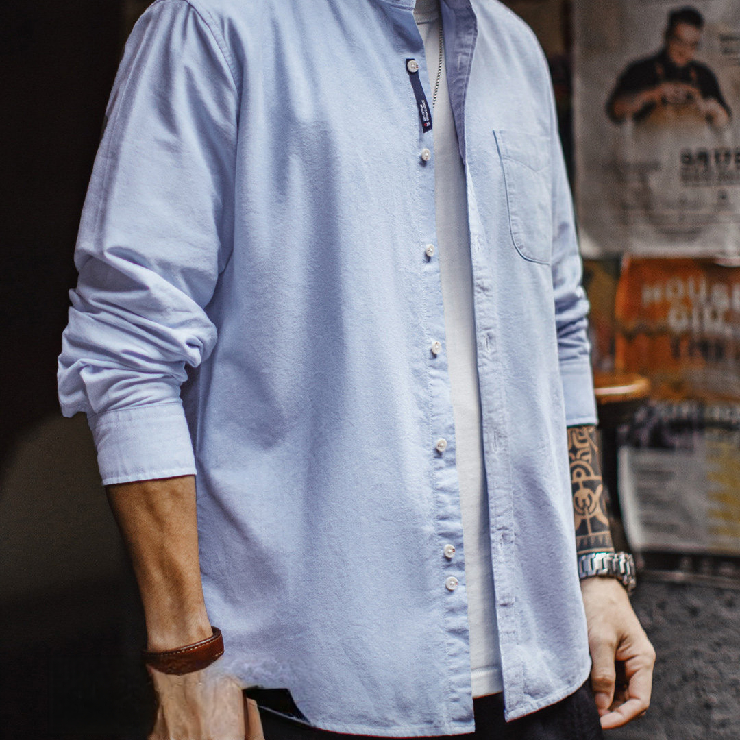 美式牛津布長袖襯衫小高領立領牛津紡純棉襯衣外套男款春