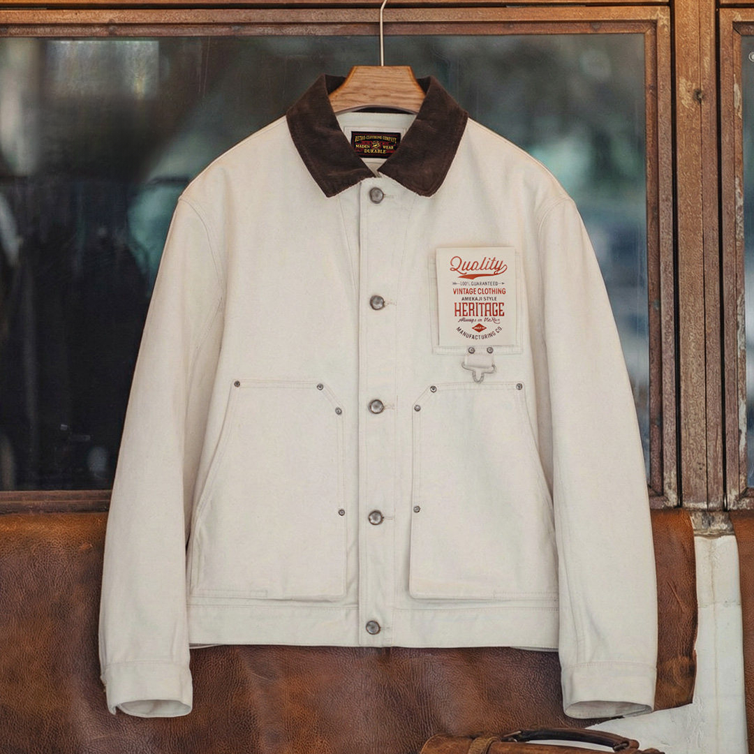 美式棉籽殼J22白色翻領夾克獵裝法式燈芯絨領外套男款春