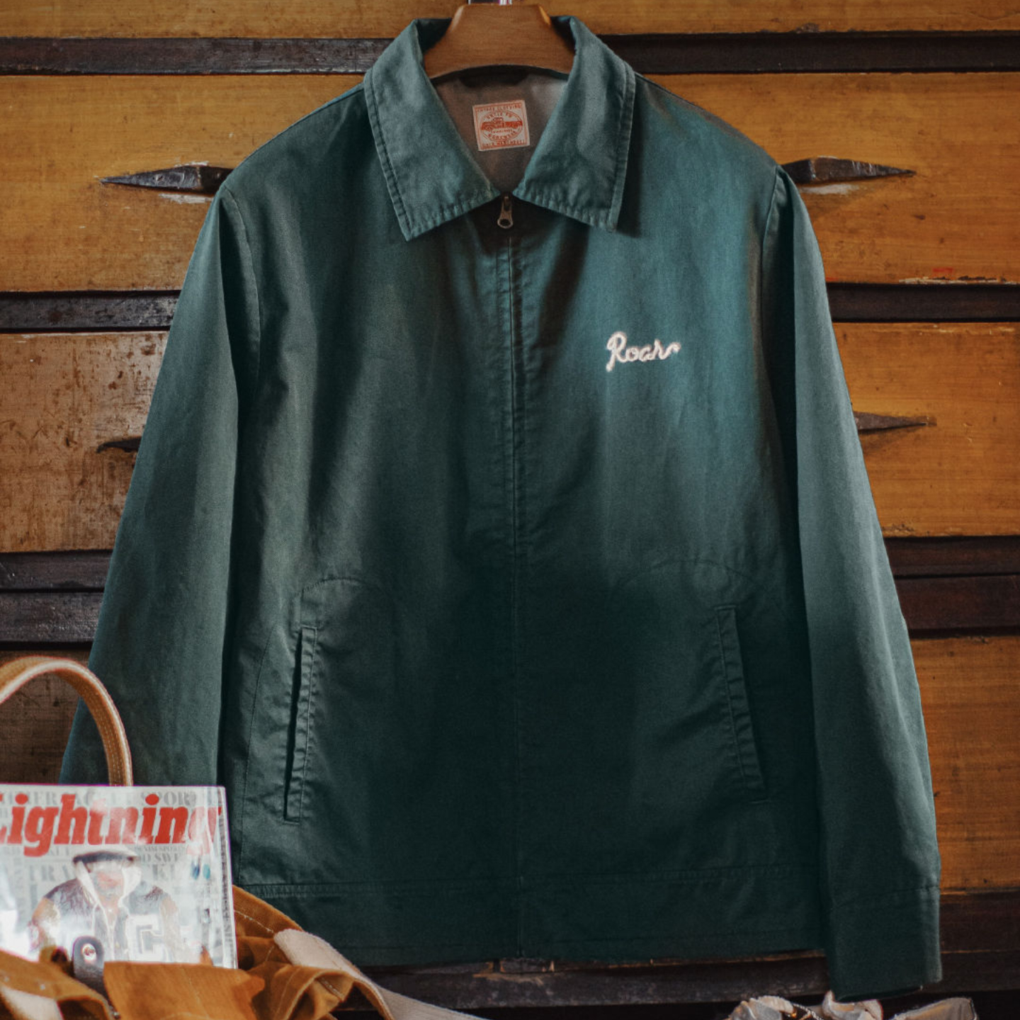 美式復古刺繡教練夾克翻領墨綠色純棉重磅長袖外套男秋