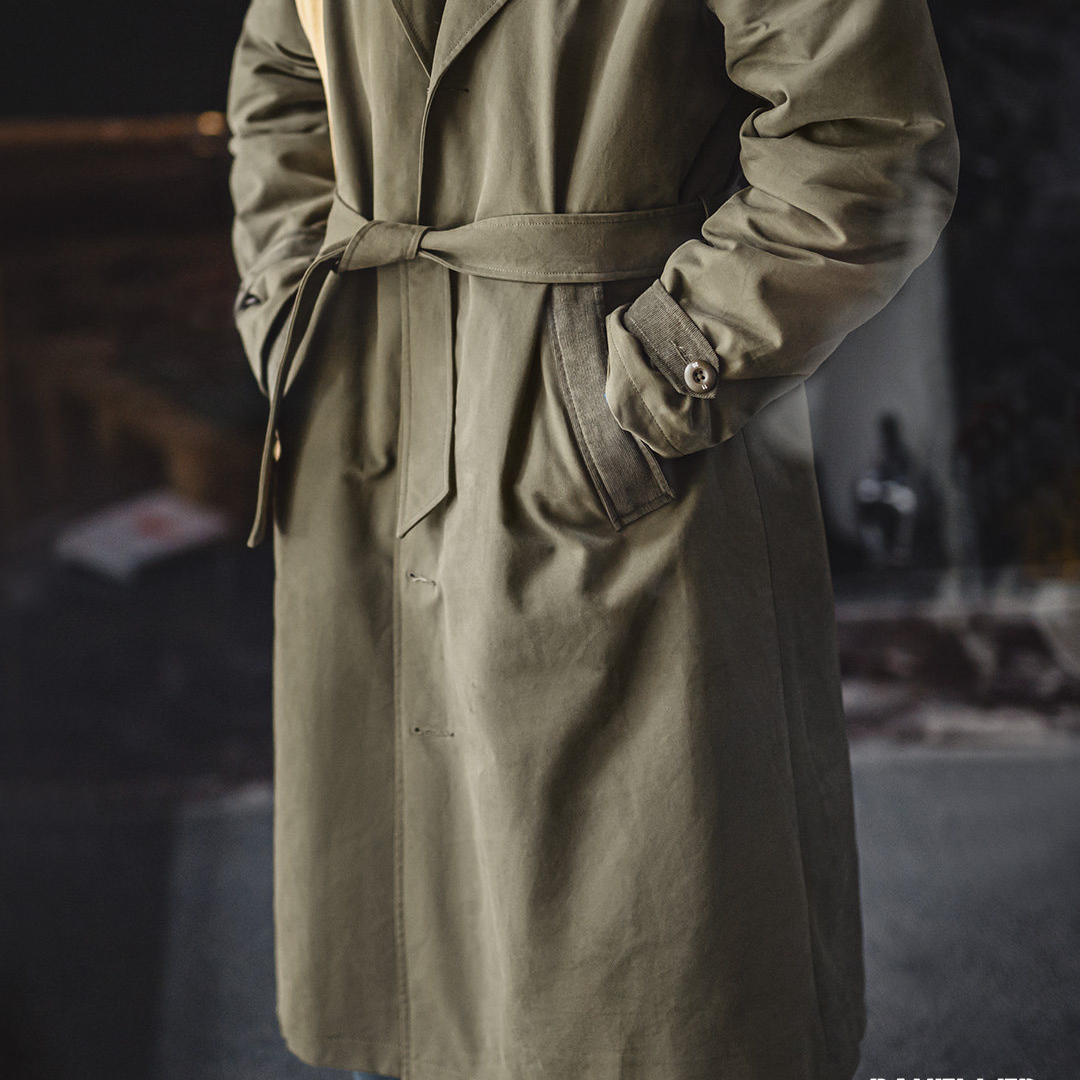 美式復古戰壕風衣軍綠色中長款翻領純棉大衣外套男款春