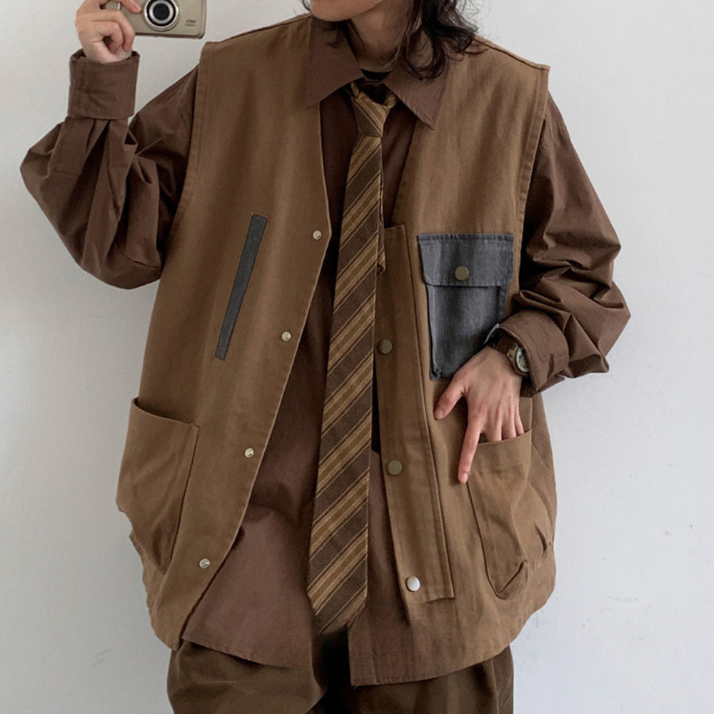 秋美式復古山系工裝馬甲男女生寬松阿美咔叽拼接咖色褂子