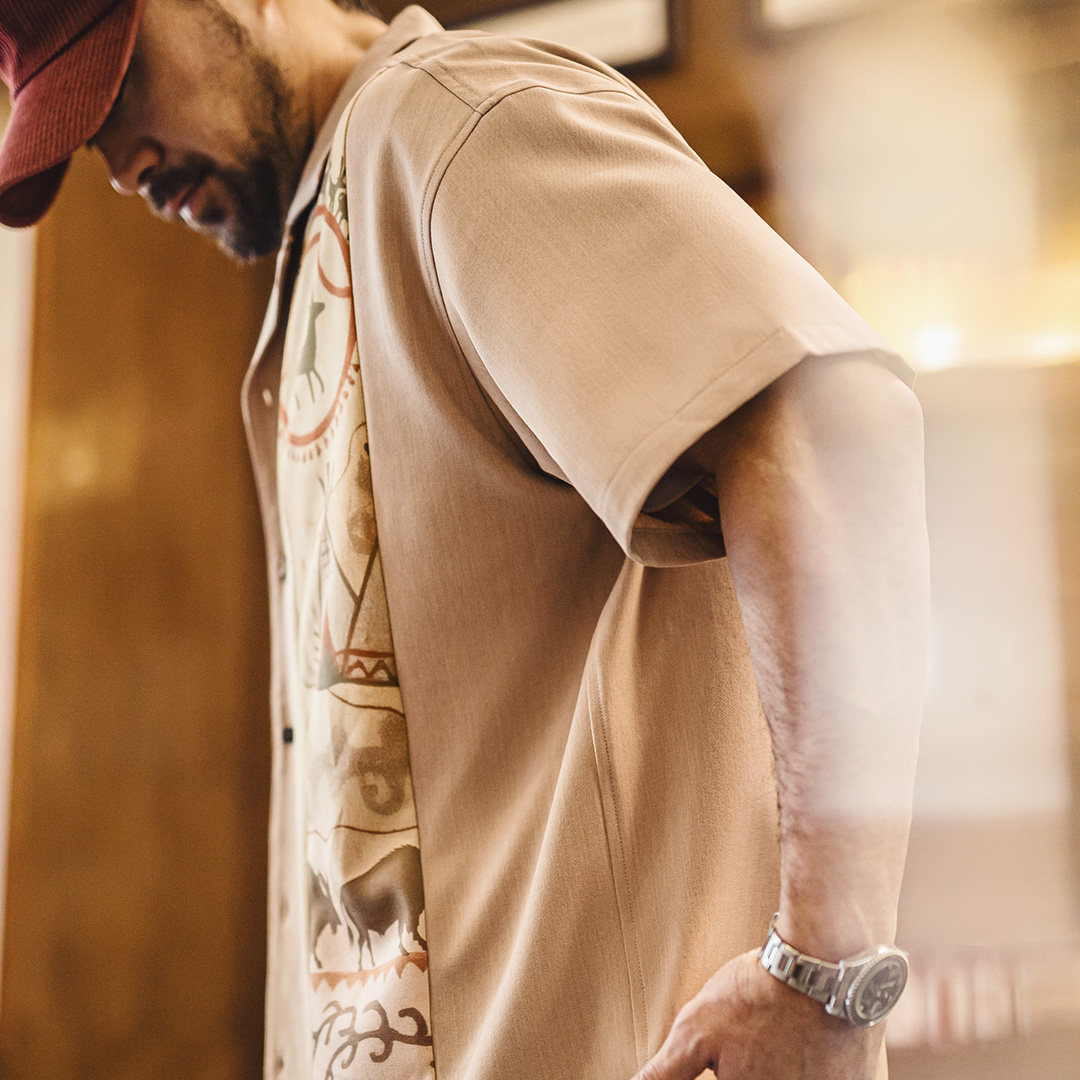 美式復古印花古巴領襯衫印第安薄款短袖棉襯衣外套男士夏