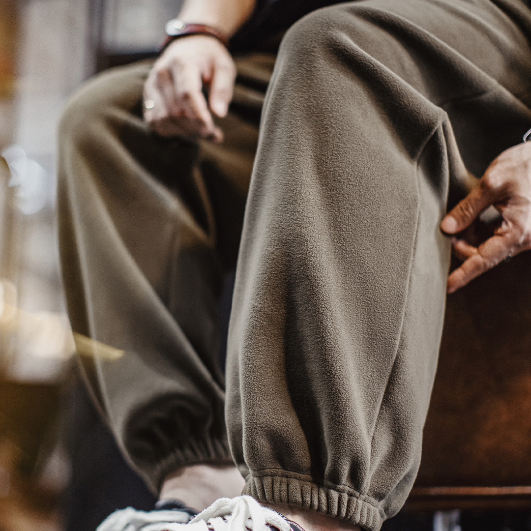 美式復古搖粒絨衛褲加絨保暖棕色美拉德束腳休閒褲男秋冬