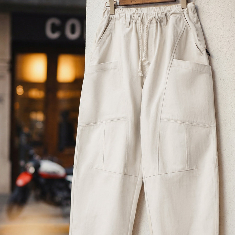 美式解構白色牛仔褲抽繩鬆緊束腰闊腿寬鬆薄款休閒褲男春