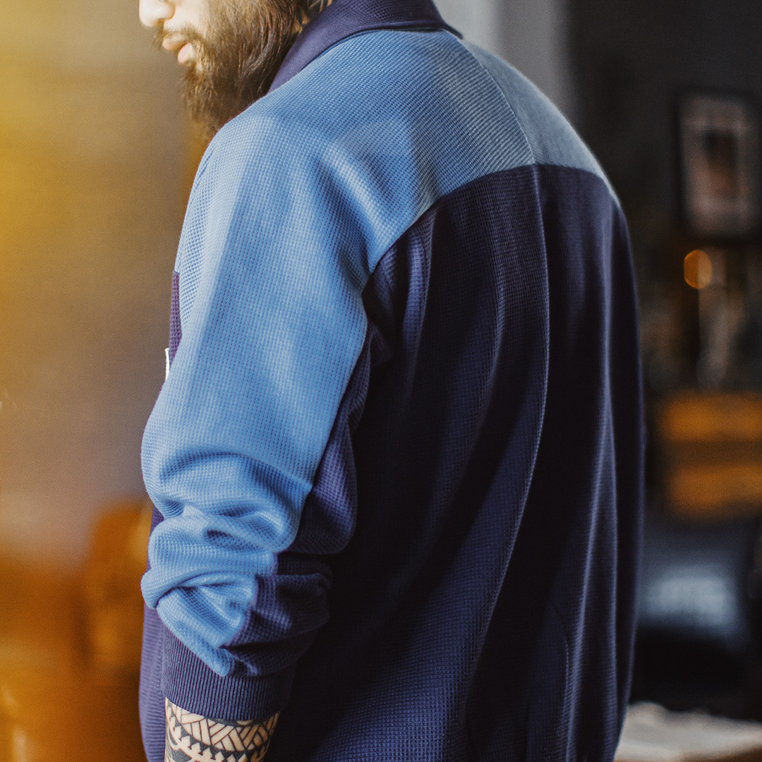 美式撞色教練夾克華夫格立領藍色訓練服透氣長袖外套男秋