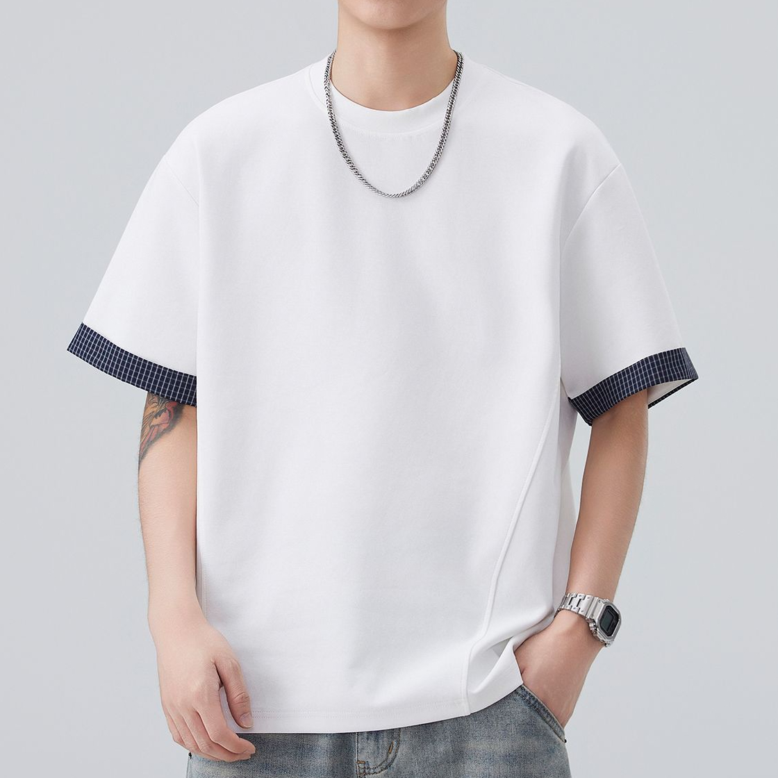 重磅260G撞色袖口休閒短袖男夏季圓領微闊曼巴棉通勤潮流T恤
