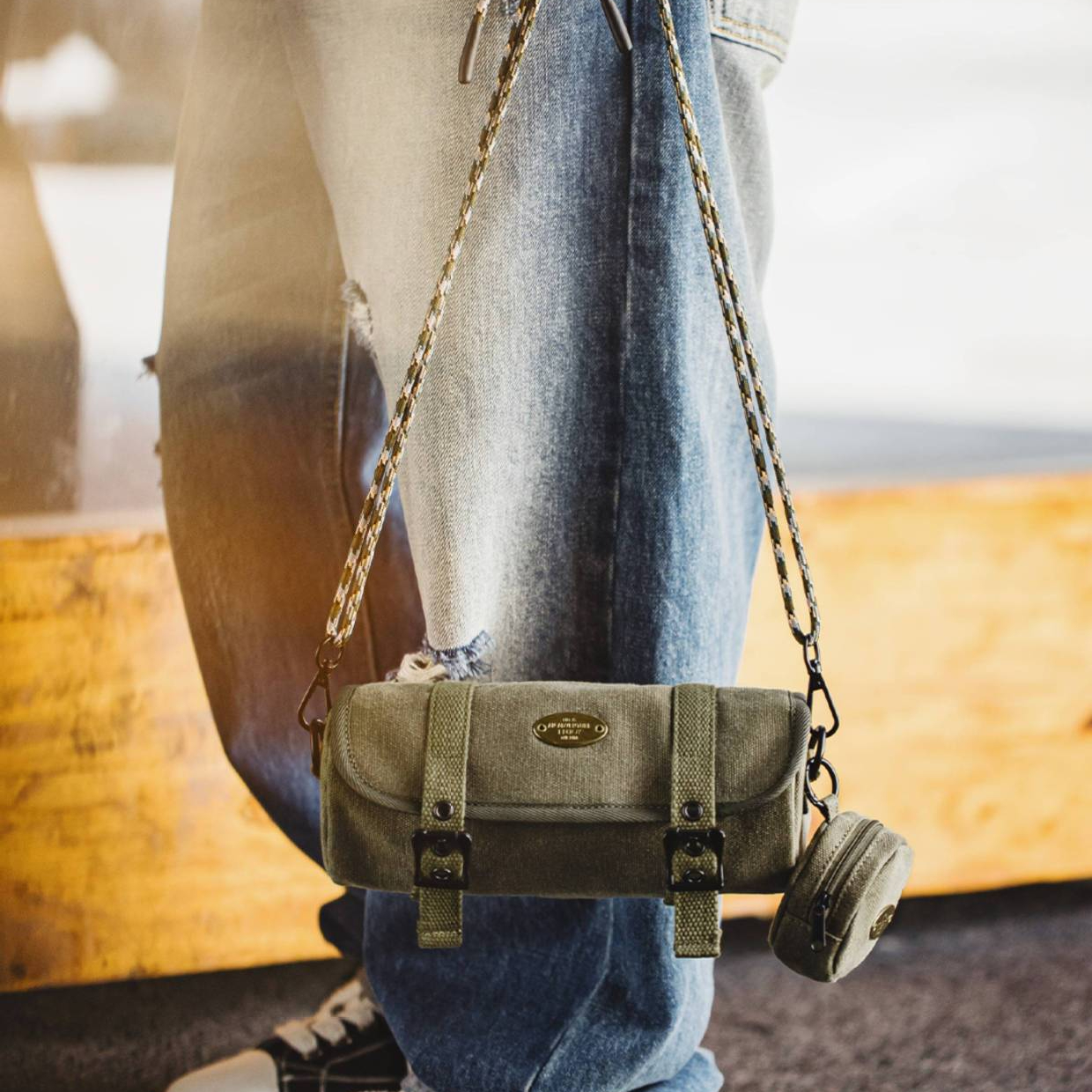 美式復古帆布圓筒包隨身包通勤小包斜跨包包子母零錢包男