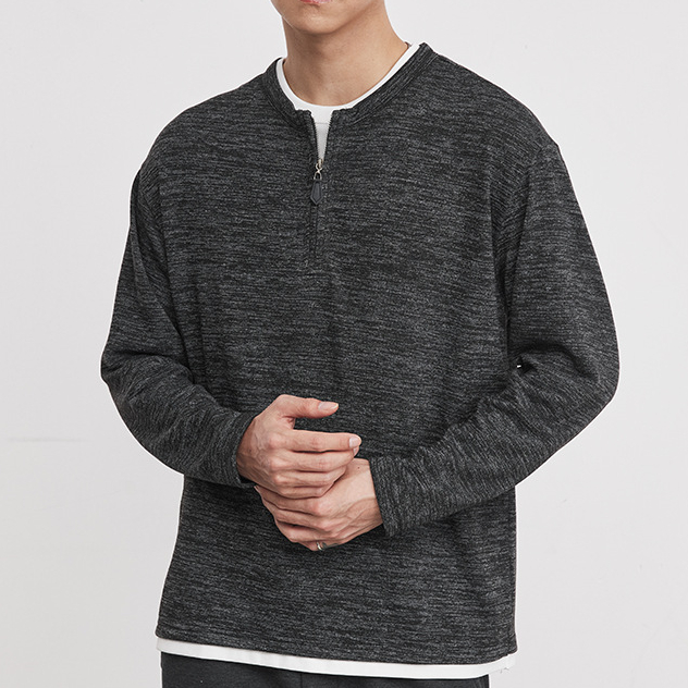 重磅260g半拉鍊假兩件圓領T恤男春季麻灰肌理親膚休閒長袖