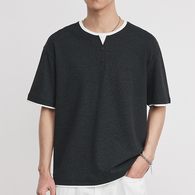 意式老錢風假兩件復古亨利領針織短袖T恤男美式純色休閒春夏