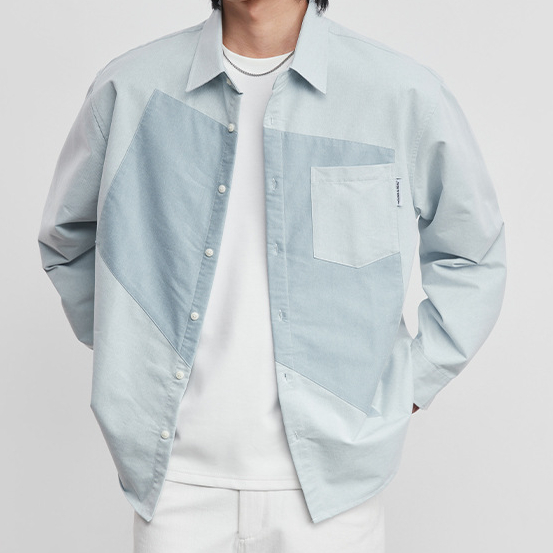 幾何雙拼色襯衫男春秋季新款潮韓版設計感小衆廓形寬鬆上衣潮