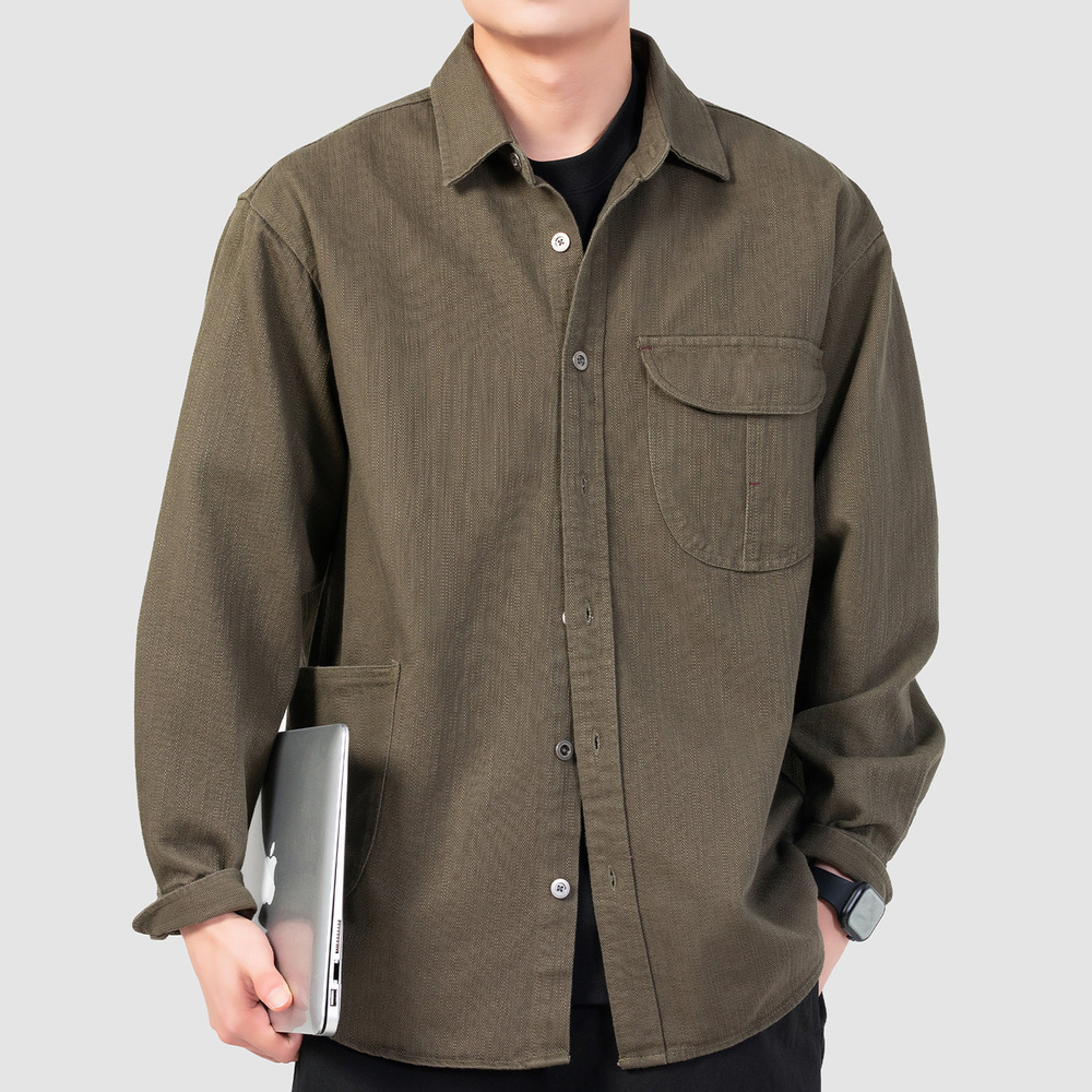 春季新款美式竹節紋垂感多口袋工裝襯衫男士獵裝襯衣