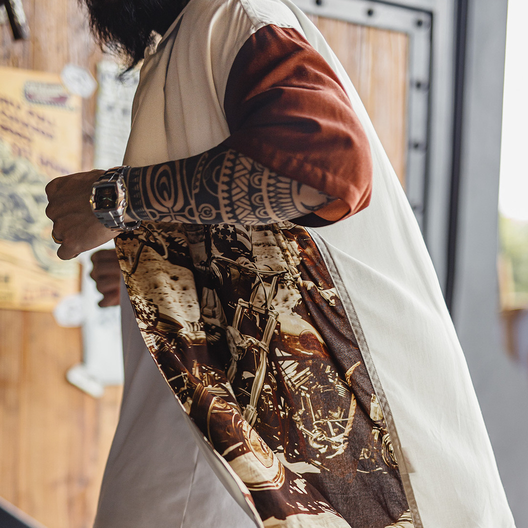 美式復古撞色古巴領襯衫垂感滿印花襯衣薄款短袖外套男夏