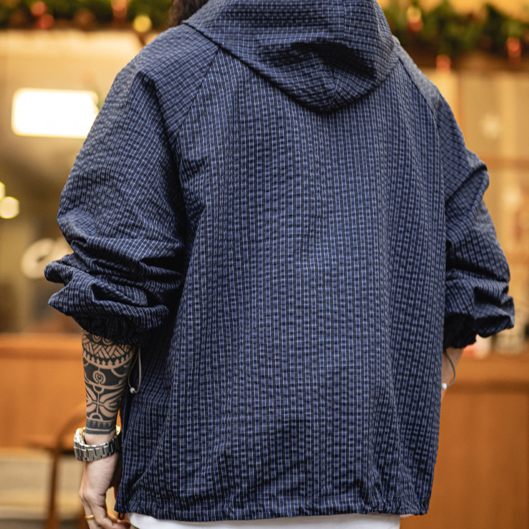 美式半拉鍊連帽衛衣肌理感泡泡紗藍色戶外薄款外套男春季