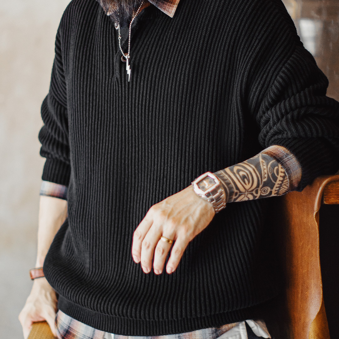 美式重磅亨利領毛衣黑色外穿高克重垂感通勤套頭寬鬆男冬