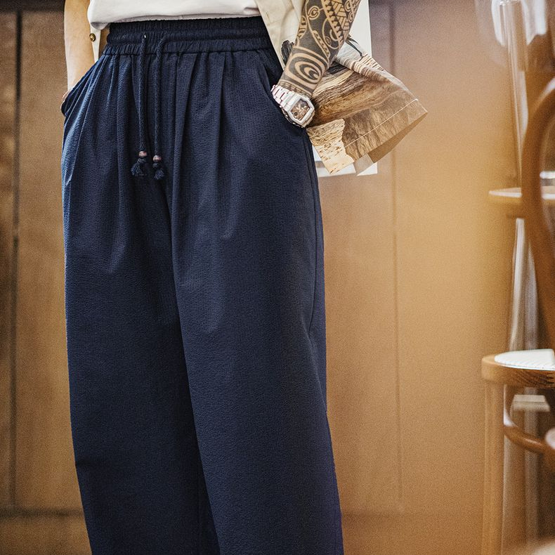 美式休閒束腰泡泡紗日系燈籠褲男寬鬆闊腿透氣彎刀褲春夏