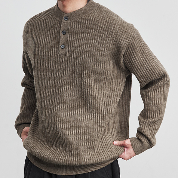 7針亨利領豎紋針織衫男2026春寬鬆立體純色百搭長袖套頭衫