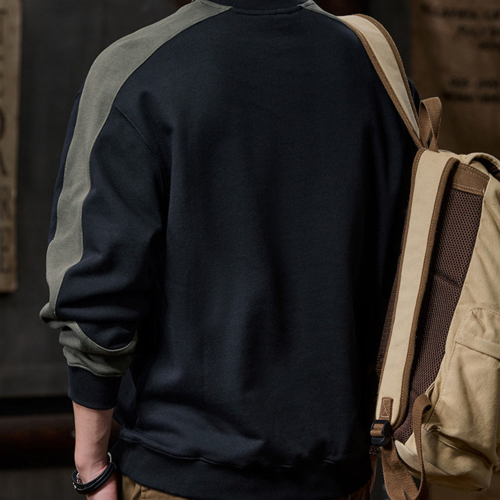 設計感撞色拼接圓領衛衣男士寬松潮牌印花上衣秋冬季400g外套