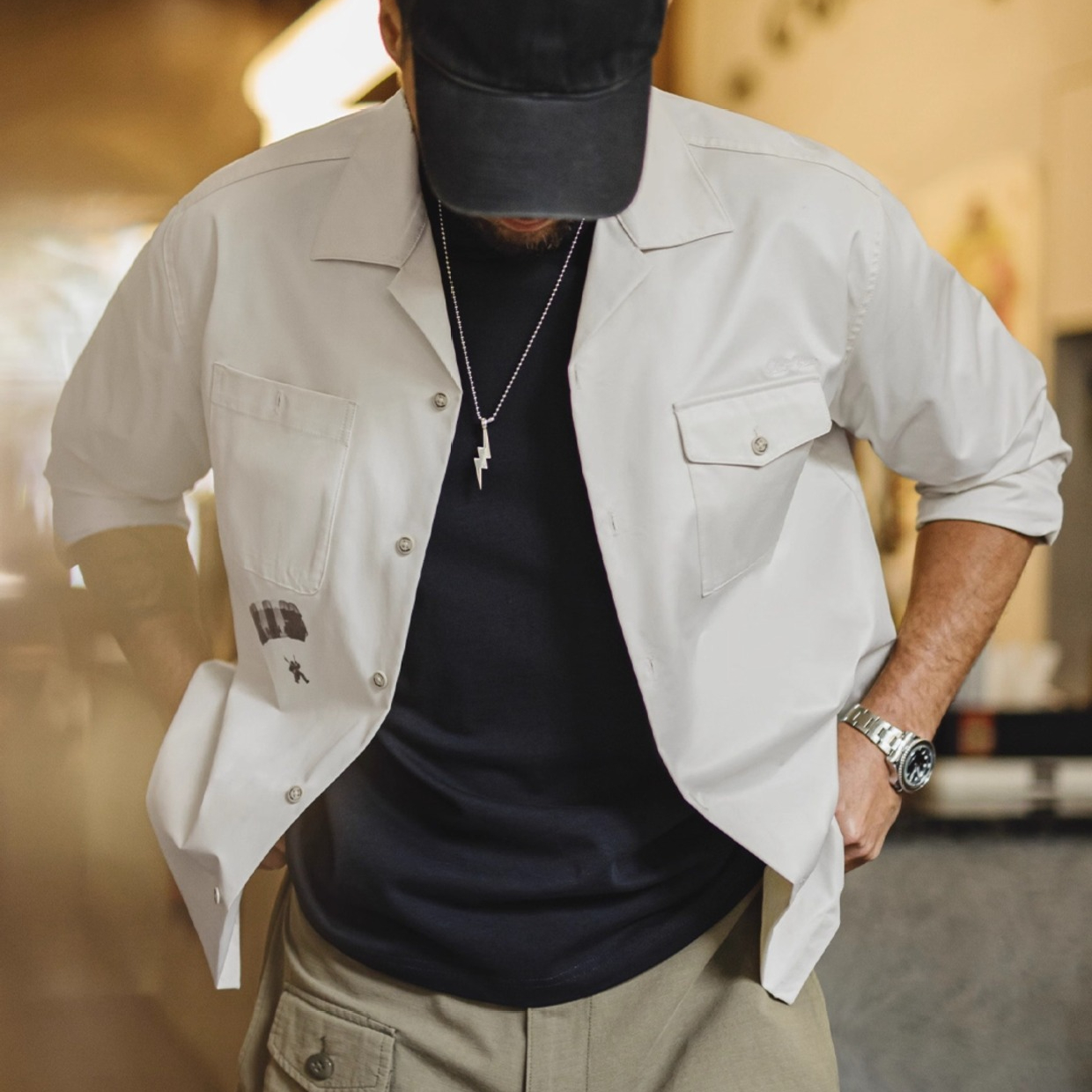 美式復古印花古巴領襯衫長袖寬鬆白色廓形襯衣外套男夏秋