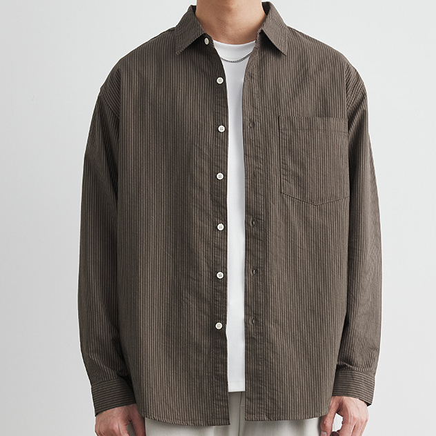 復古翻領純棉長袖襯衫男春秋季新款港風條紋休閒襯衣外套