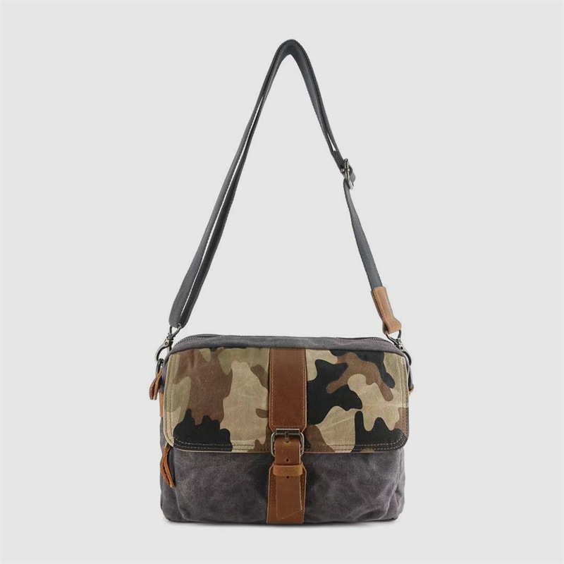男士迷彩防潑水油蠟帆布包美式復古斜挎包牛皮郵差包休閒單肩揹包