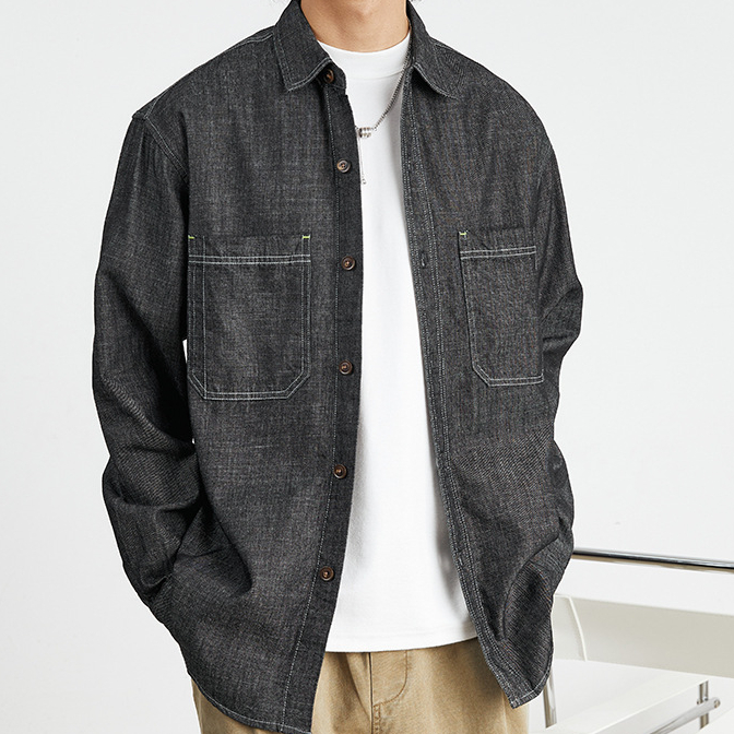 美式復古牛仔長袖襯衫男士2025春季新款工裝風寬鬆外套男