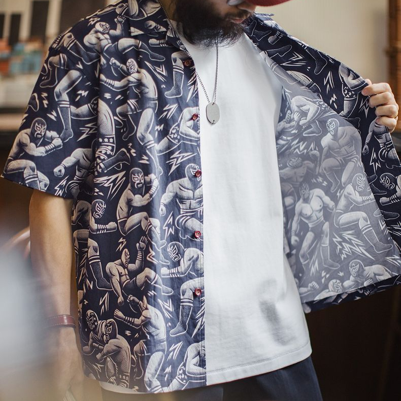 美式復古滿印花古巴領襯衫寬鬆夏威夷短袖襯衣外套男夏季