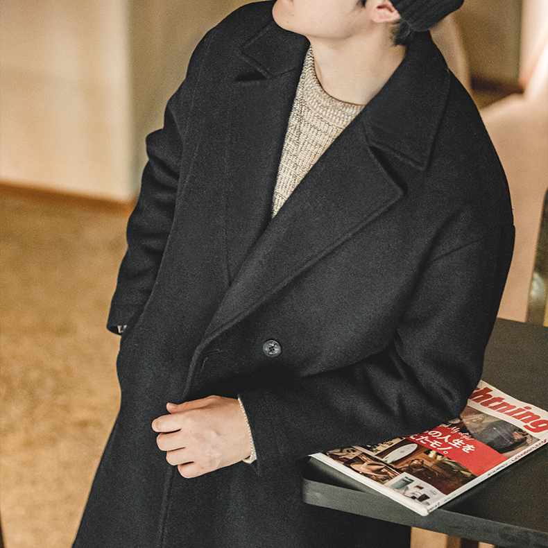 美式復古重磅羊毛呢子大衣黑色加厚寬鬆中長款外套男秋冬