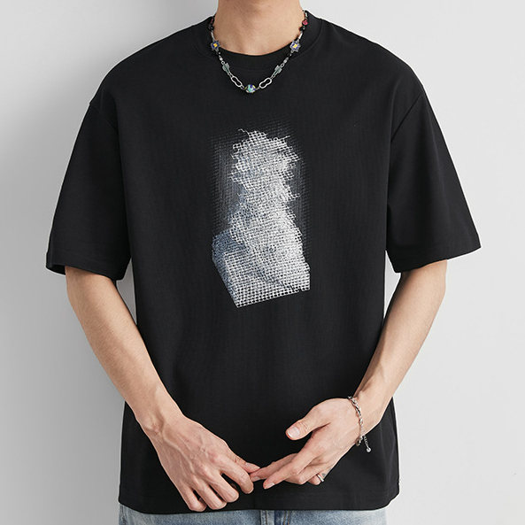 重磅220g棉紡親膚網格漸變T恤男夏季圓領寬鬆街頭潮流短袖