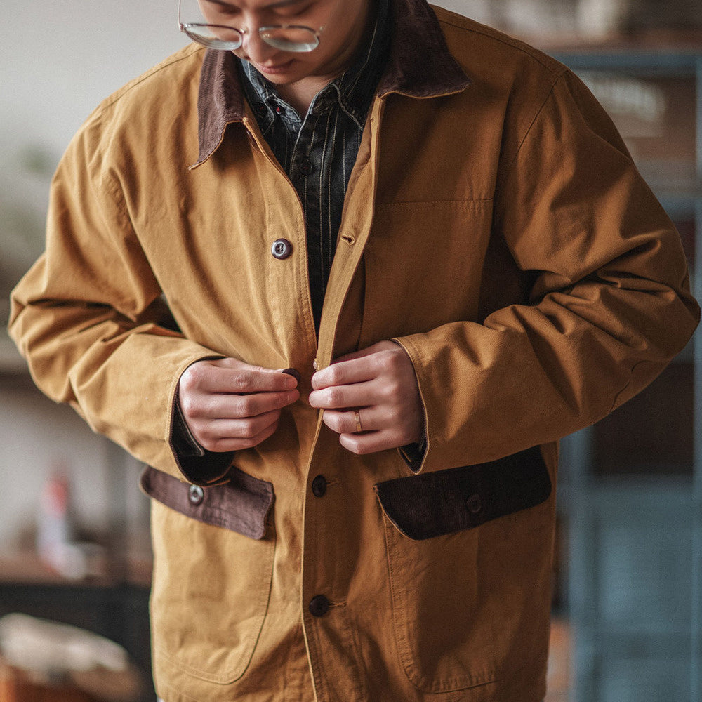 阿美咔叽密歇根鐵路工裝口袋夾克 美式拼色翻領寬松外套