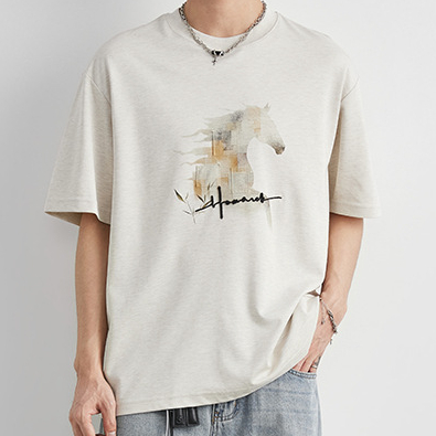 重磅210g莫代爾國潮駿馬印花T恤男夏季圓領寬鬆親膚透氣短袖