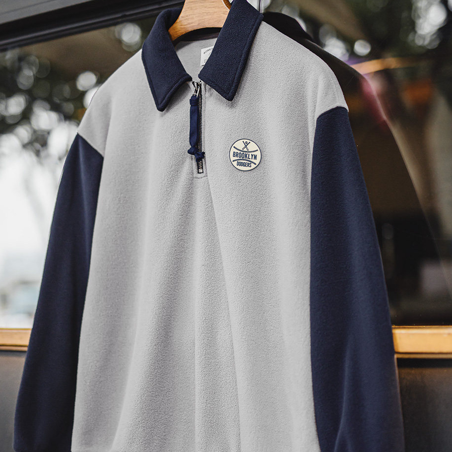 美式搖粒絨半開襟衛衣學院風polo領撞色套頭保暖外套男秋