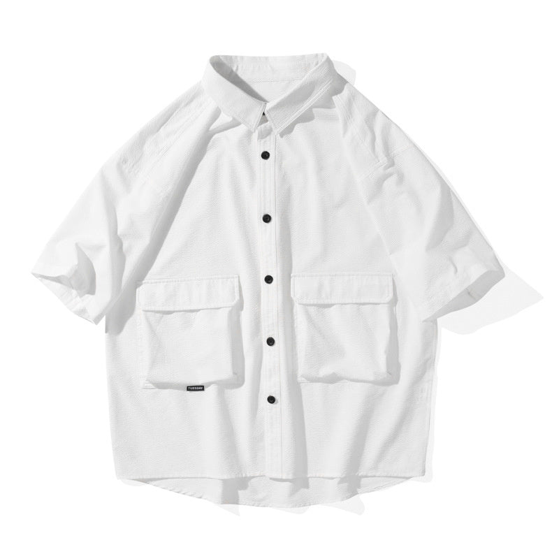 高級感短袖襯衫男夏季新款輕奢潮牌美式工裝寸襯衣男寬松半袖