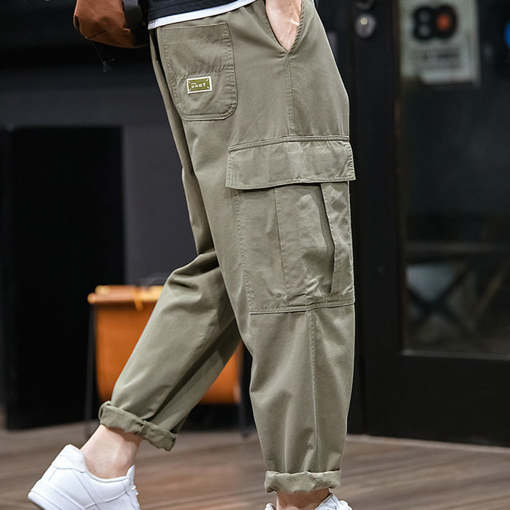 秋季工裝褲男士休閑褲寬松垂感錐形褲闊腿松緊腰長褲男裝純色褲子
