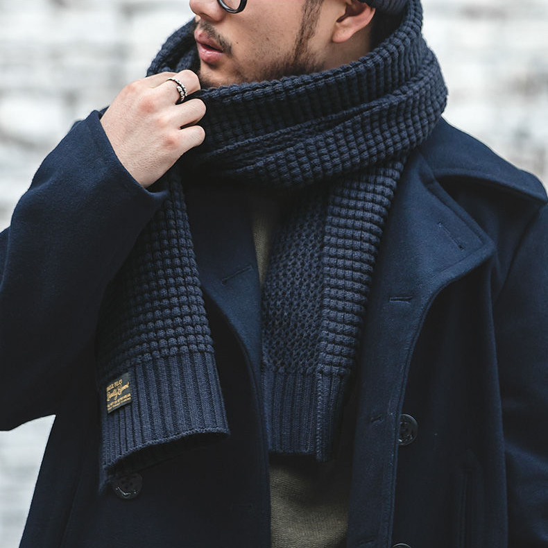 美式復古淺灰針織毛線圍巾秋冬含羊毛純色保暖圍脖男潮